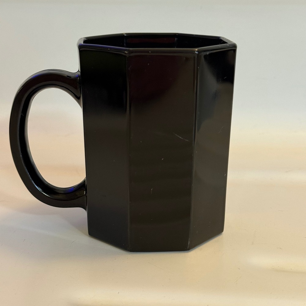 Arcoroc France Octime Black Glass Coffee Mug Octagonal Vintage 1980s Modernist